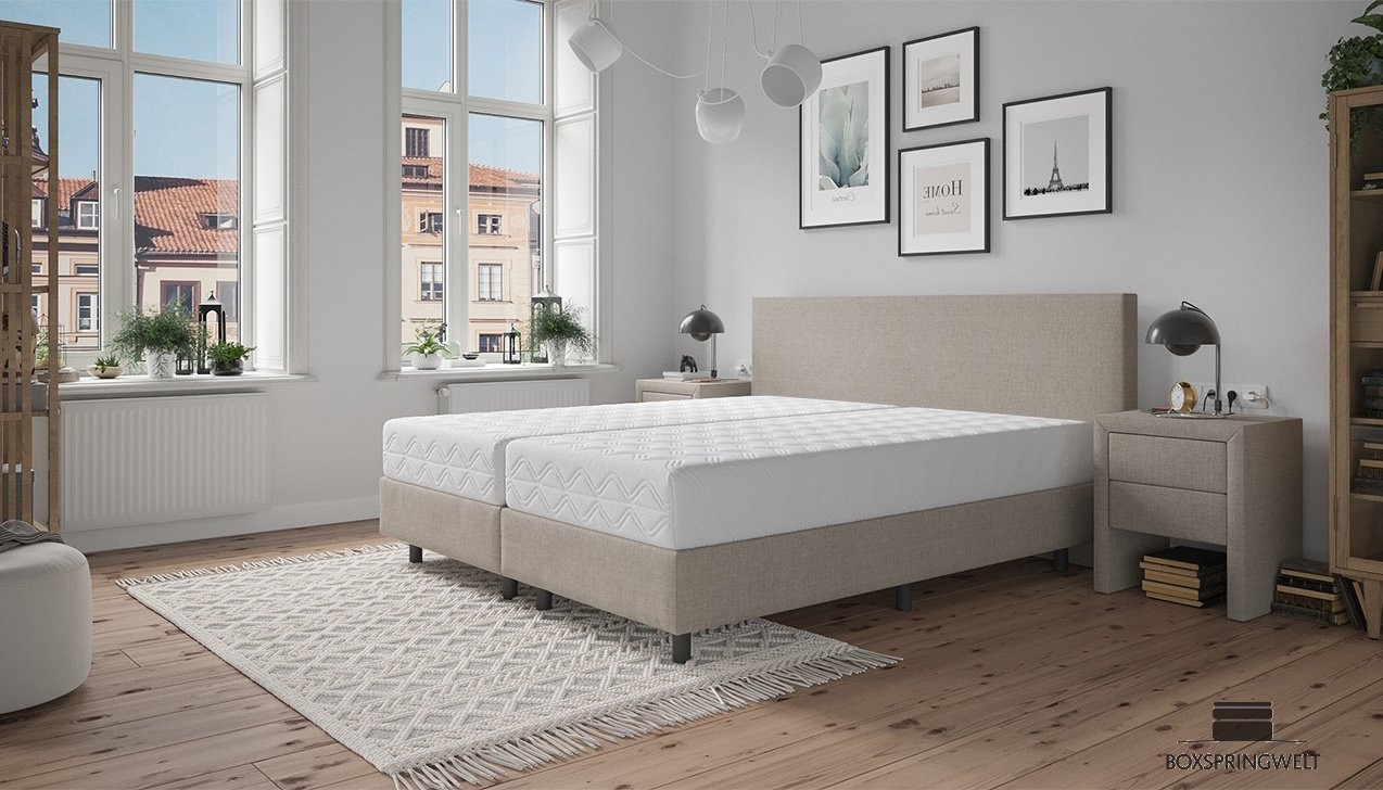 Boxspringbett Monty in Beige; Kopfteil mit Seitenüberstand