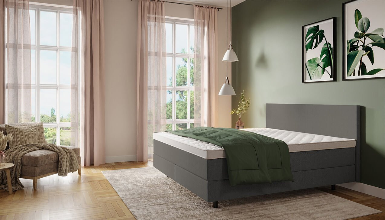 Boxspringbett Mia in Schwebeoptik, Kopfteil schlicht in Textilbezug ladera Grau