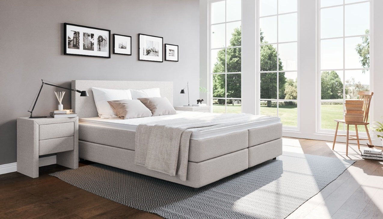 In Board Hellgrau; Kopfteil mit 10cm Überstand pro Seite; 12cm hohe Füße in Buche Natur