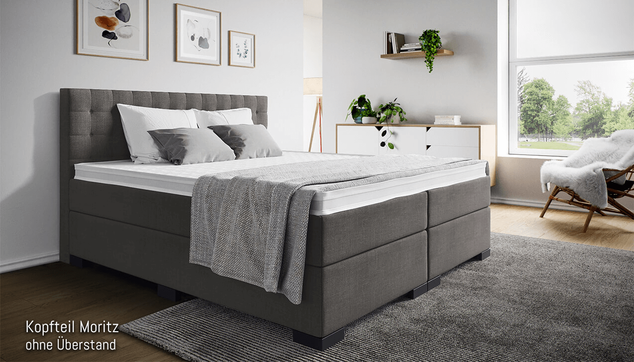 Mit Kopfteil Moritz ohne Seitenabstand. Eckige Füße in Schwarz.