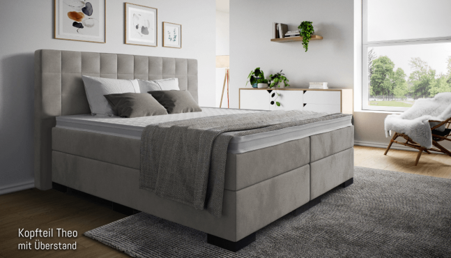 Mit Kopfteil Theo mit Seitenabstand. Eckige Füße in Schwarz.