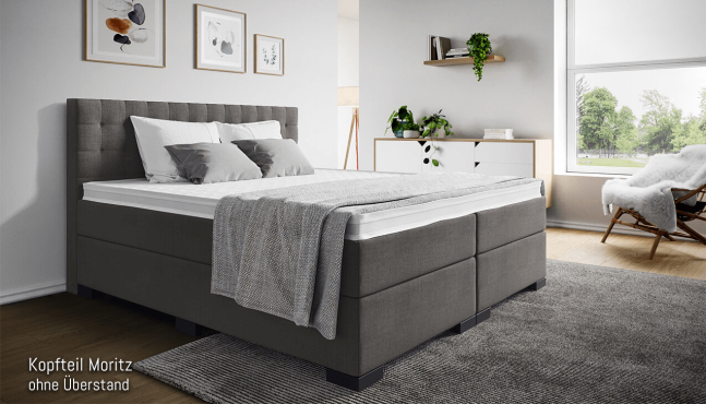 Mit Kopfteil Moritz ohne Seitenabstand. Eckige Füße in Schwarz.