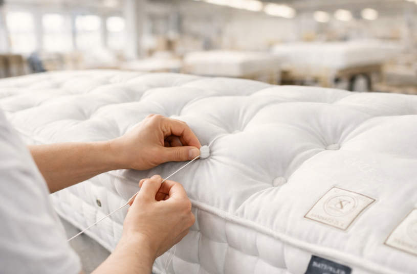 Hände, die mit Nadel und Faden eine weiße Matratze mit Knopfsteppung nähen