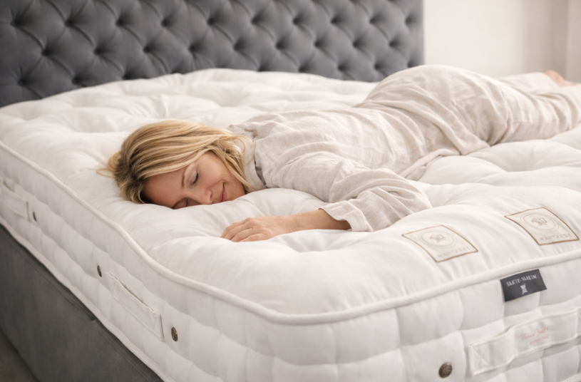 Person liegt auf einer weißen Matratze mit grauem Bettrahmen im Hintergrund