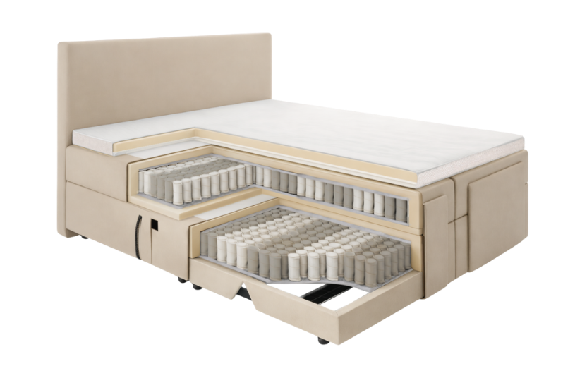 Querschnitt eines Boxspringbetts mit sichtbaren Taschenfederkernmatratzen und Motormechanismus im Unterbau